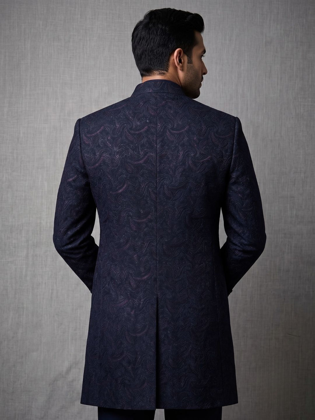 Premium Navy Blue Patterned Indo-Western Suit