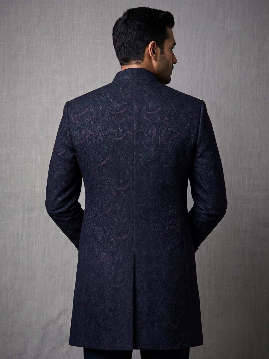 Premium Navy Blue Patterned Indo-Western Suit