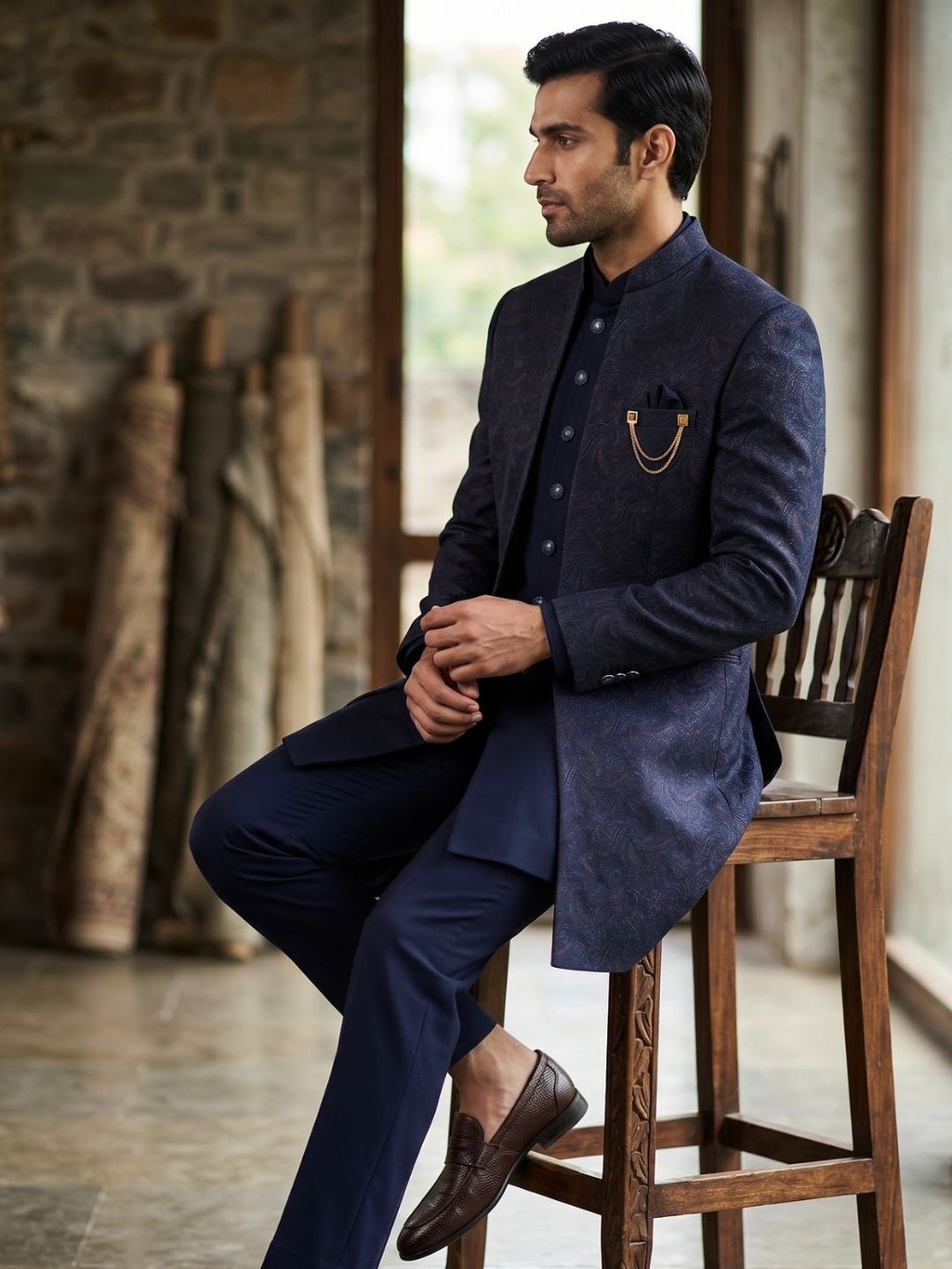 Premium Navy Blue Patterned Indo-Western Suit
