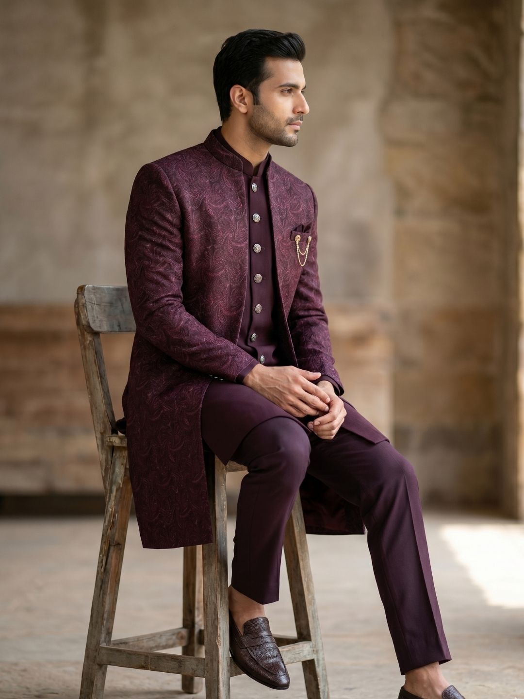 Premium Maroon Patterned Indo-Western Suit