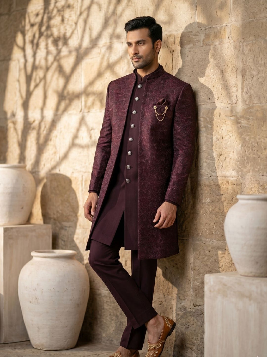 Premium Maroon Patterned Indo-Western Suit