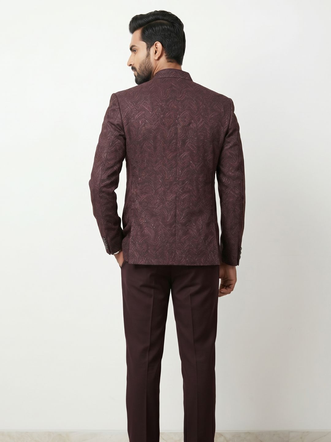 Regal Burgundy Jacquard Bandhgala Suit Set