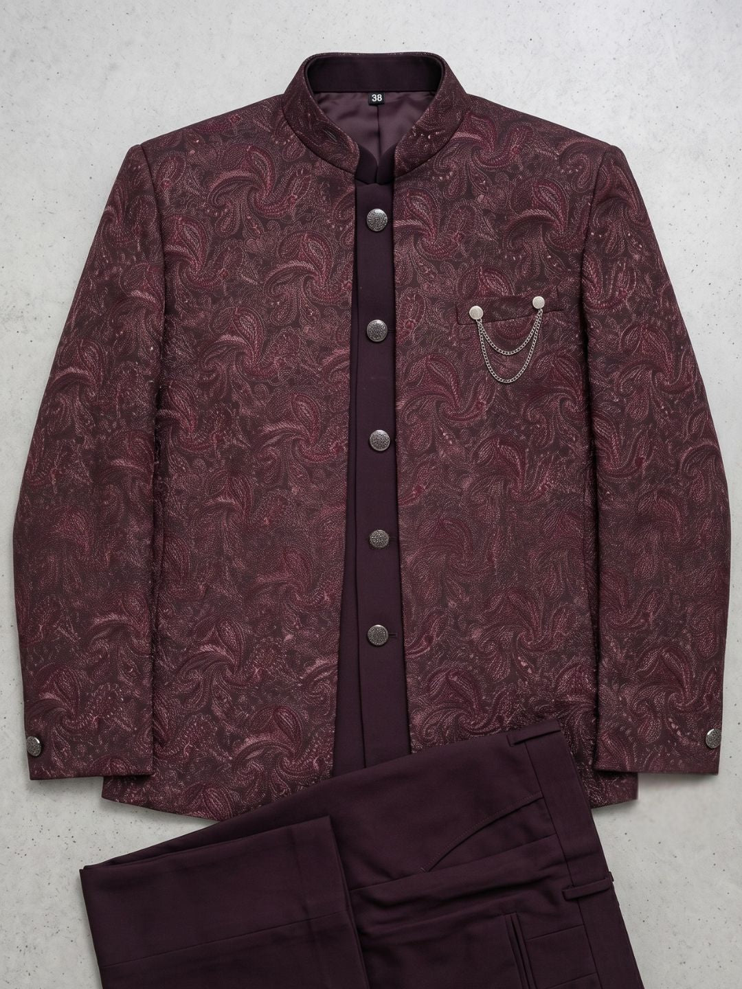 Regal Burgundy Jacquard Bandhgala Suit Set