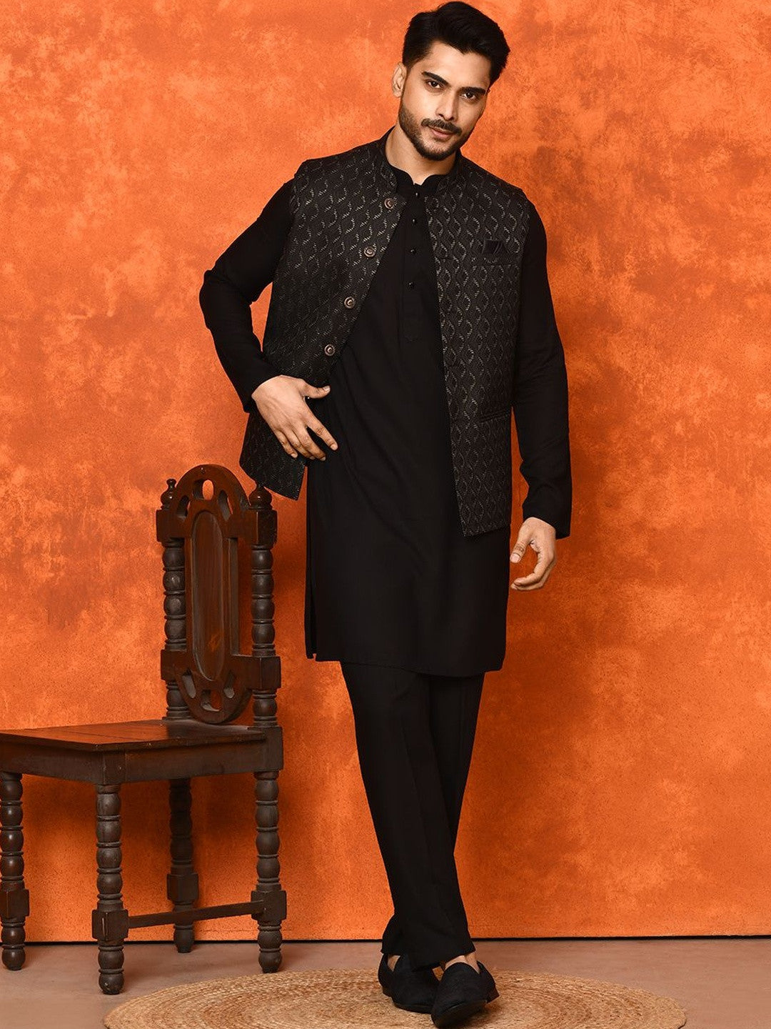 Premium Black Geometric Patterned Nehru Jacket for Men
