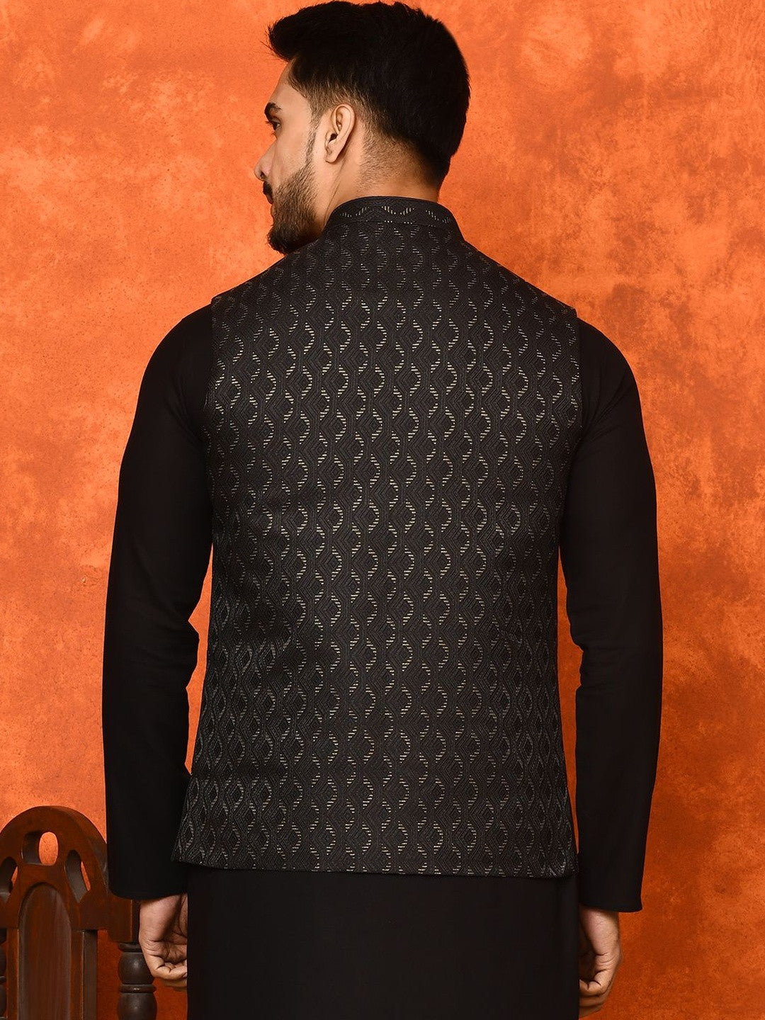 Premium Black Geometric Patterned Nehru Jacket for Men