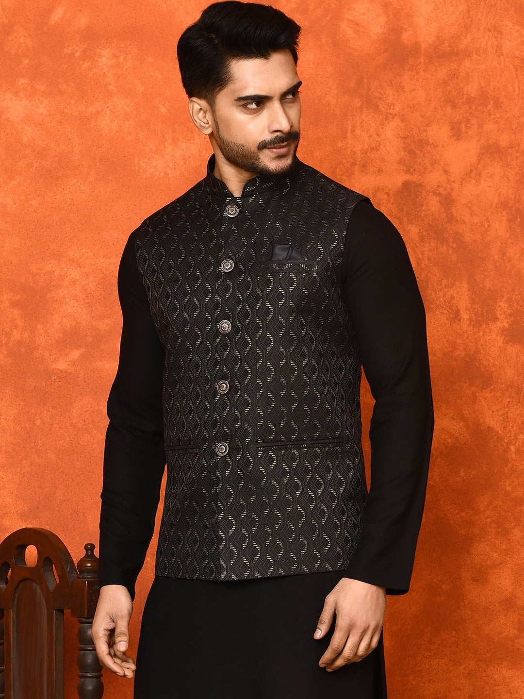 Premium Black Geometric Patterned Nehru Jacket for Men