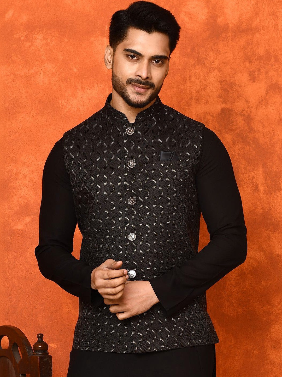 Premium Black Geometric Patterned Nehru Jacket for Men