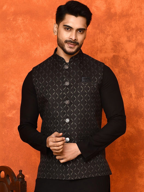 Premium Black Geometric Patterned Nehru Jacket for Men | Classic Mandarin Collar Ethnic Waistcoat