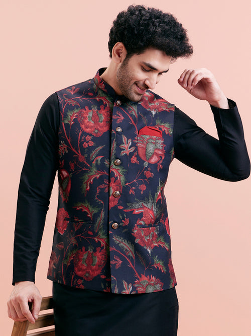 Midnight Blue & Crimson Floral Print Nehru Jacket