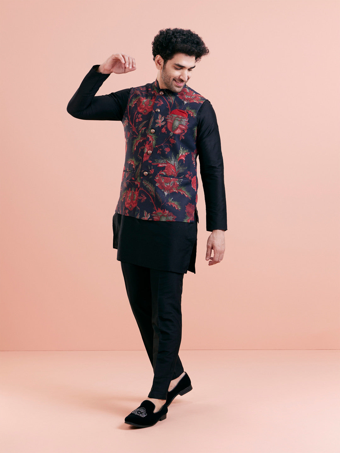 Midnight Blue & Crimson Floral Print Nehru Jacket