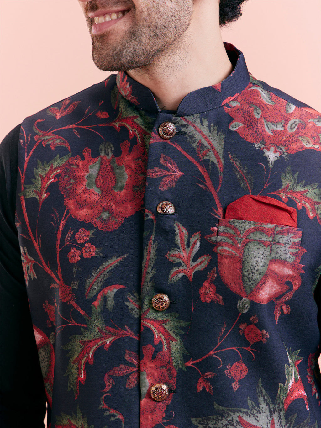 Midnight Blue & Crimson Floral Print Nehru Jacket