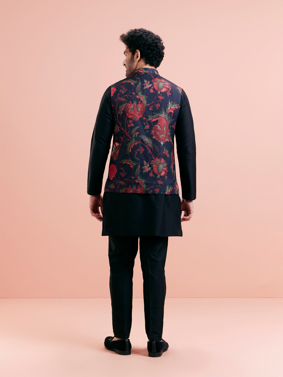 Midnight Blue & Crimson Floral Print Nehru Jacket