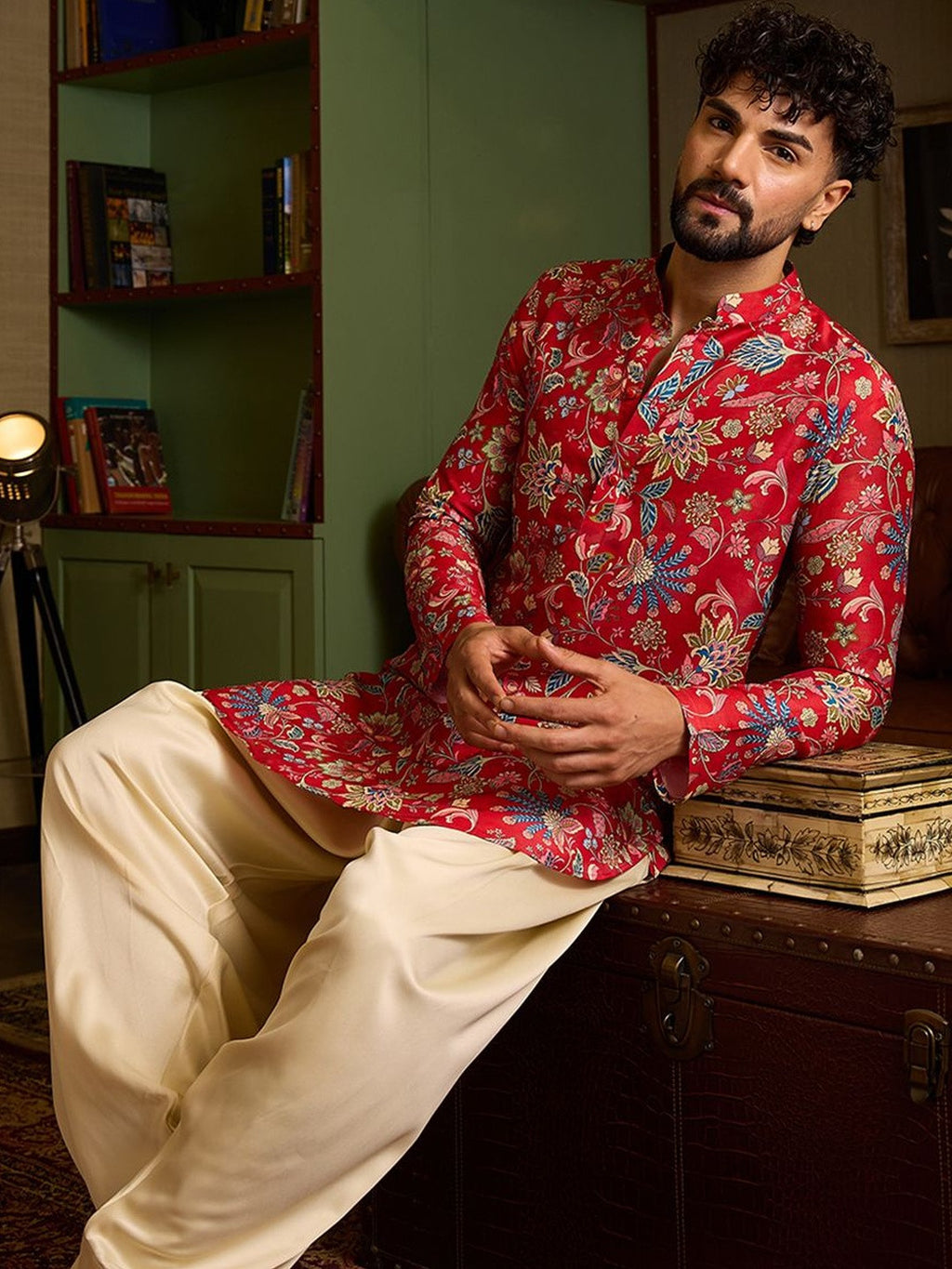 Crimson Red Botanical Print Men's Kurta | Festive Floral Ethnic Tunic