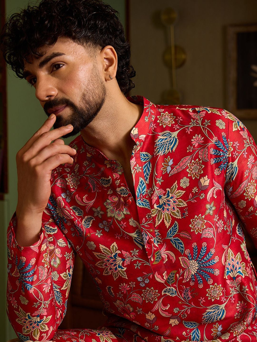 Crimson Red Botanical Print Men's Kurta | Festive Floral Ethnic Tunic