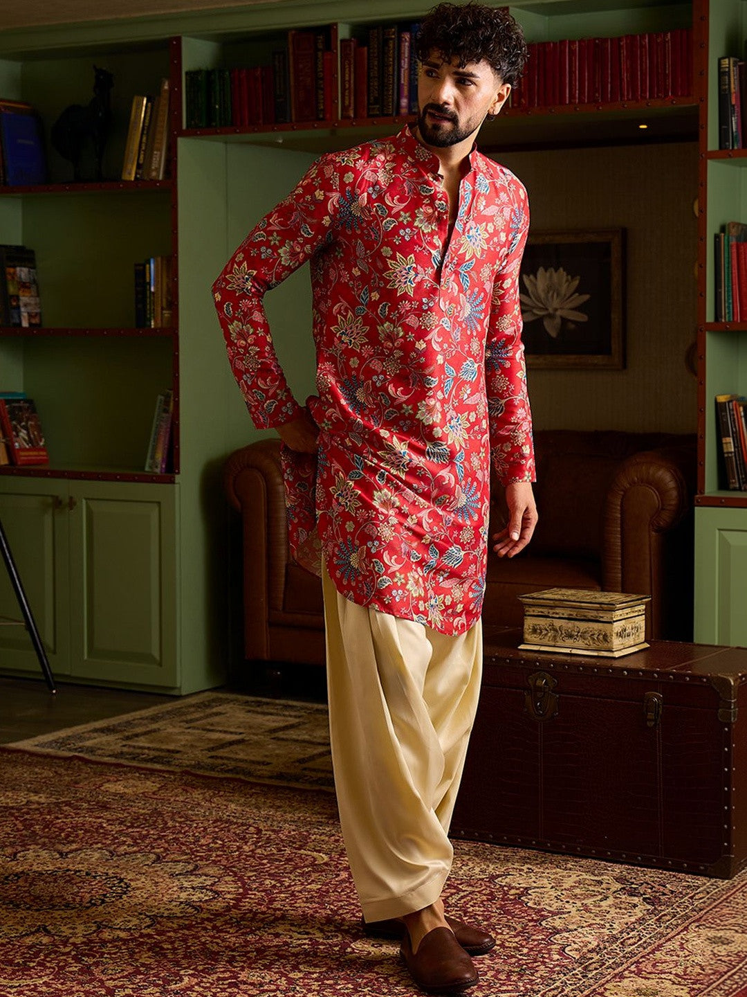 Crimson Red Botanical Print Men's Kurta | Festive Floral Ethnic Tunic