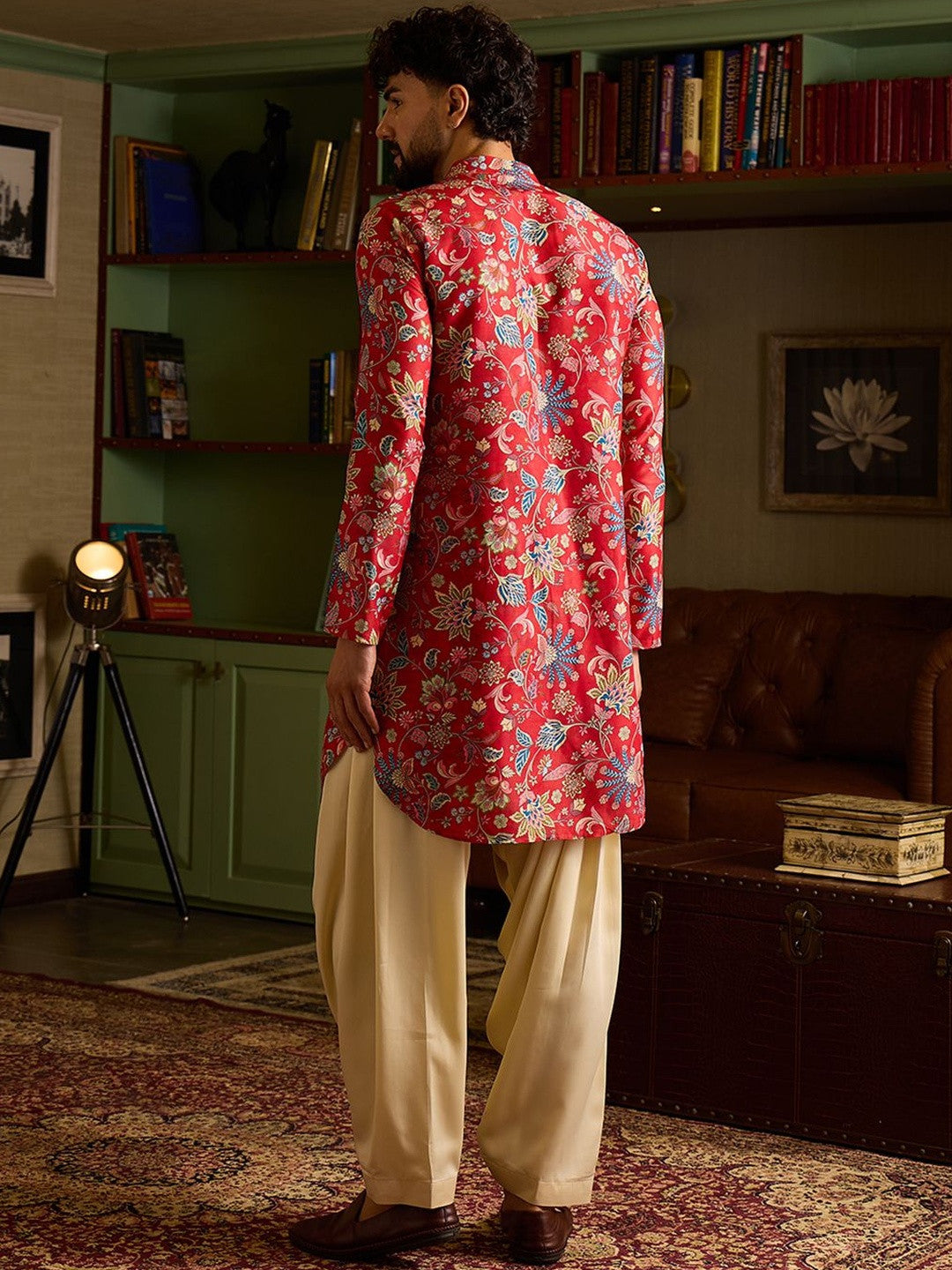 Crimson Red Botanical Print Men's Kurta | Festive Floral Ethnic Tunic