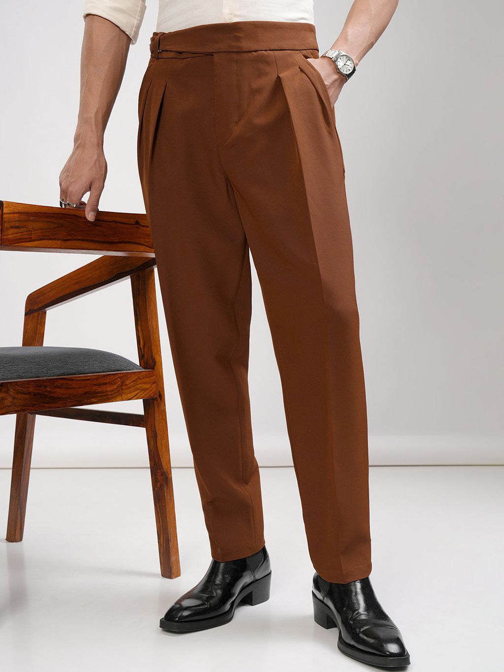 Premium Rust Brown High-Waisted Pleated Trousers | Men's Sartorial Extended Tab Dress Pants
