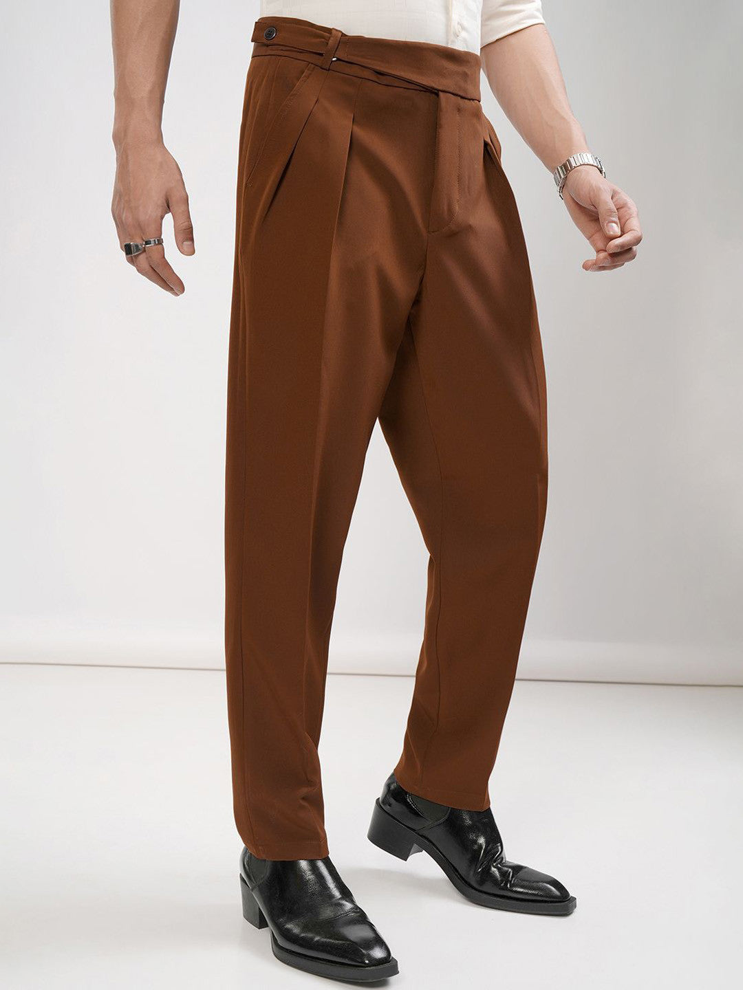 Premium Rust Brown High-Waisted Pleated Trousers | Men's Sartorial Extended Tab Dress Pants