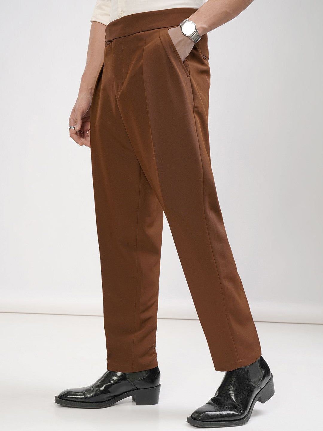 Premium Rust Brown High-Waisted Pleated Trousers | Men's Sartorial Extended Tab Dress Pants