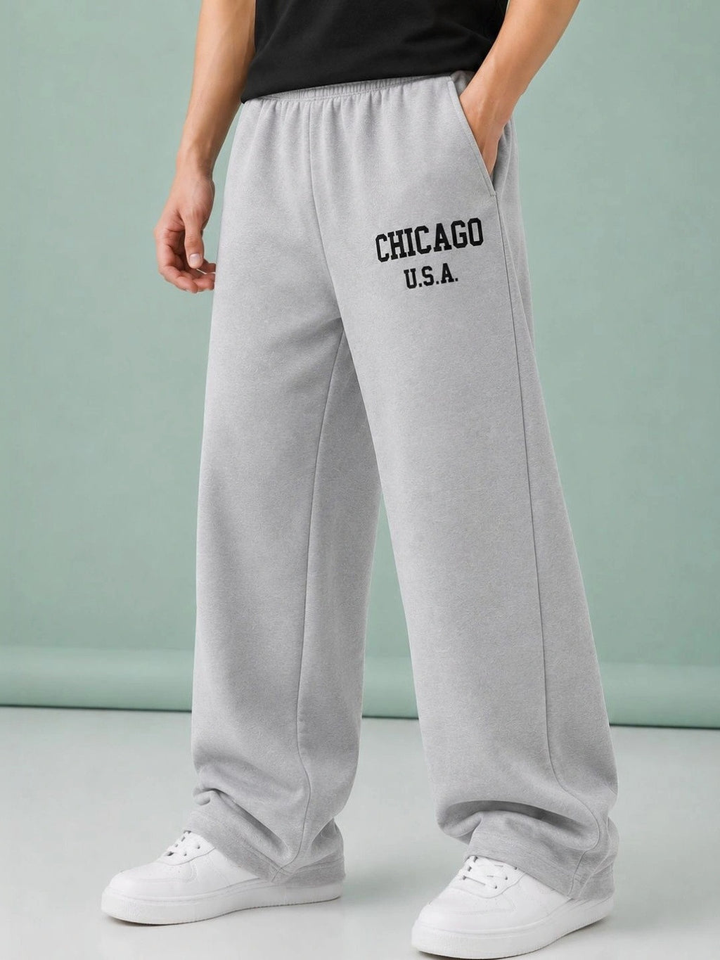 Men's Grey Wide-Leg Sweatpants | Retro "Chicago U.S.A." Oversized Joggers