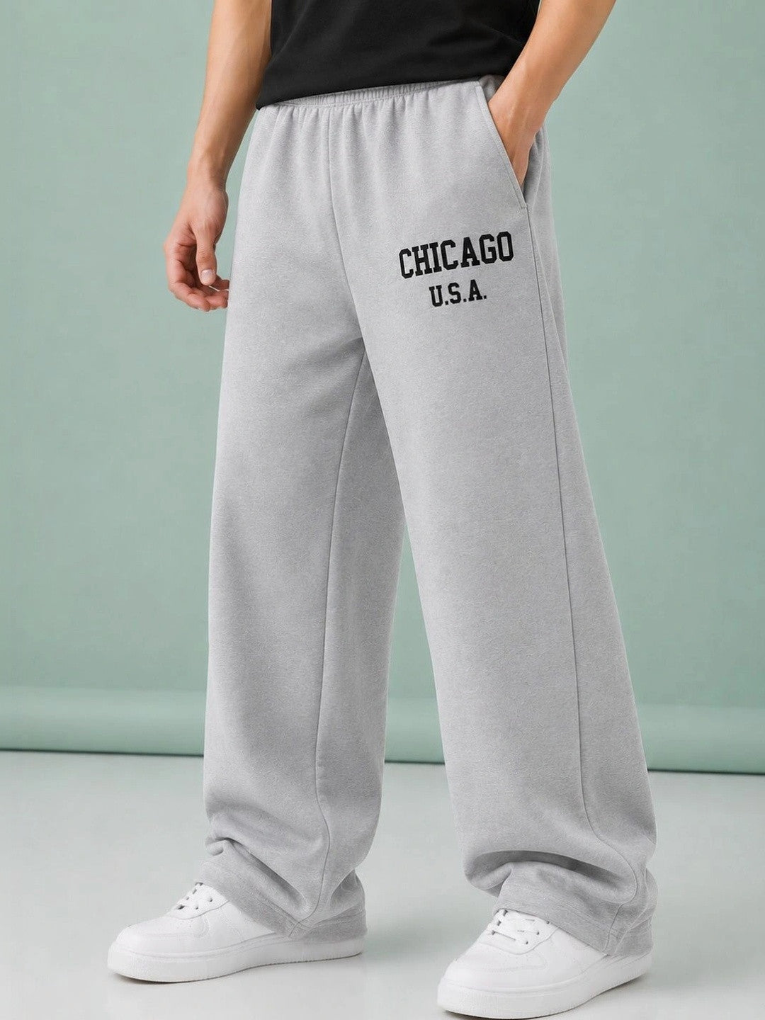 Men's Grey Wide-Leg Sweatpants | Retro "Chicago U.S.A." Oversized Joggers