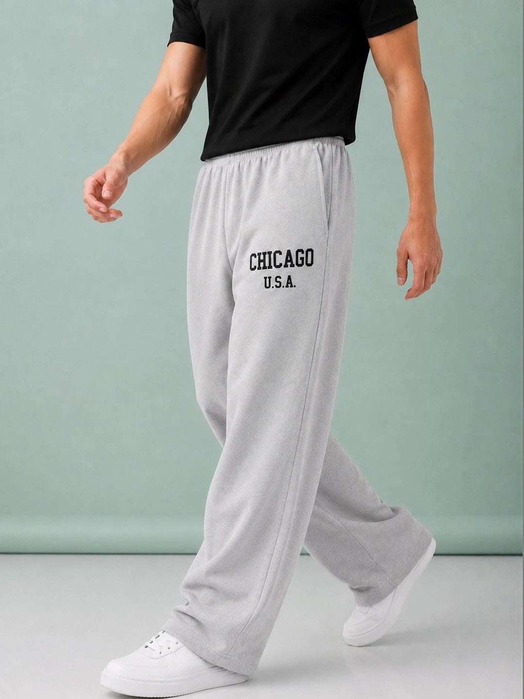 Men's Grey Wide-Leg Sweatpants | Retro "Chicago U.S.A." Oversized Joggers