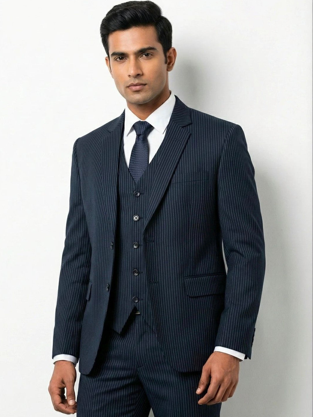 Men's Premium Navy Blue Pinstripe 3-Piece Suit | Tailored Fit Formal Business Suit