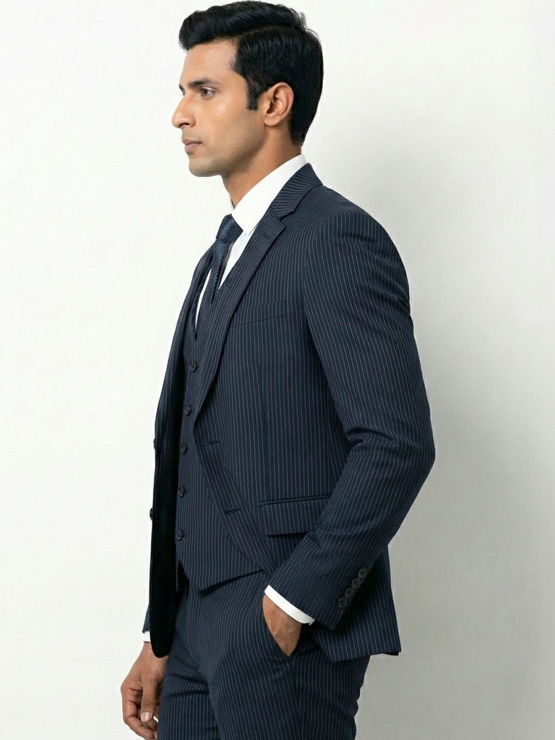 Men's Premium Navy Blue Pinstripe 3-Piece Suit | Tailored Fit Formal Business Suit