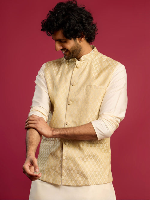 Classic Cream & Gold Jacquard Nehru Jacket