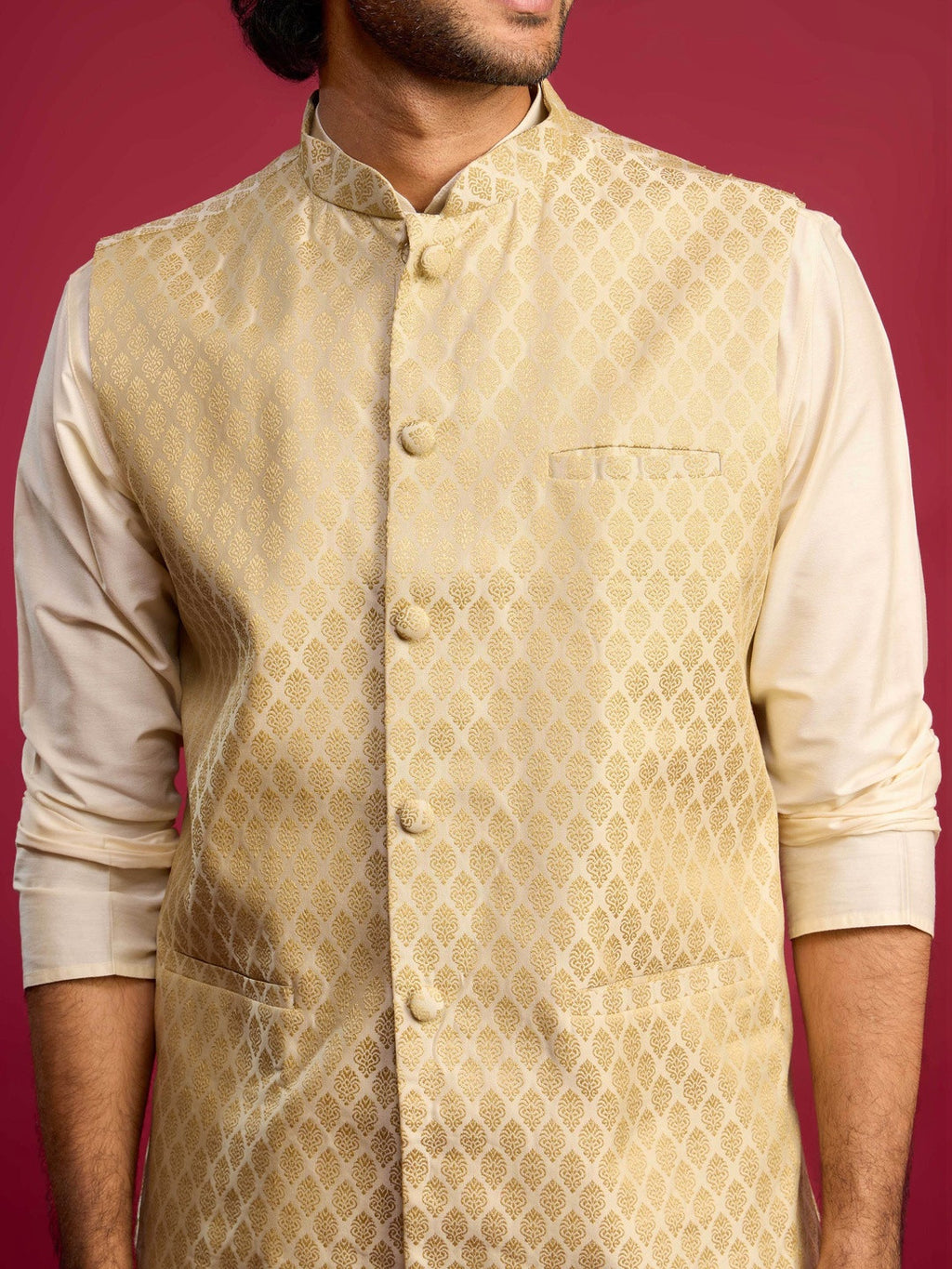 Classic Cream & Gold Jacquard Nehru Jacket