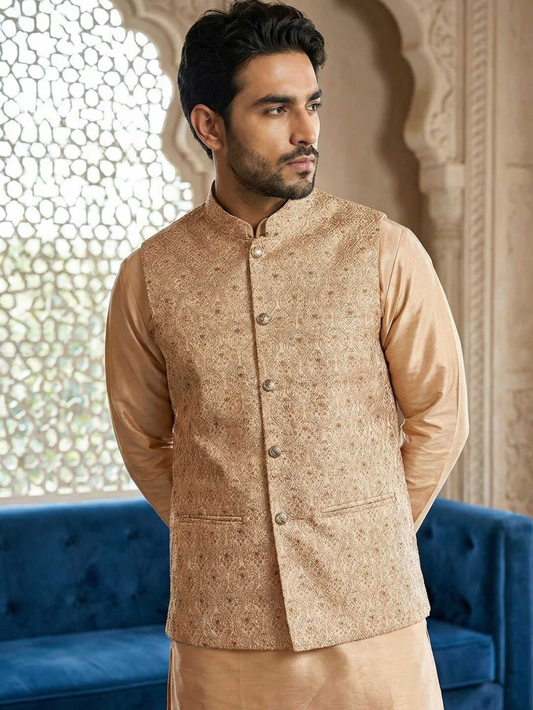 Regal Champagne Gold Embroidered Nehru Jacket for Men