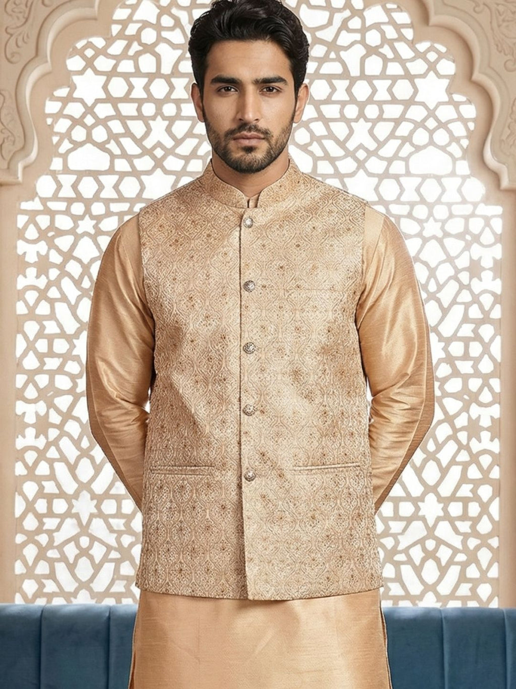 Regal Champagne Gold Embroidered Nehru Jacket for Men