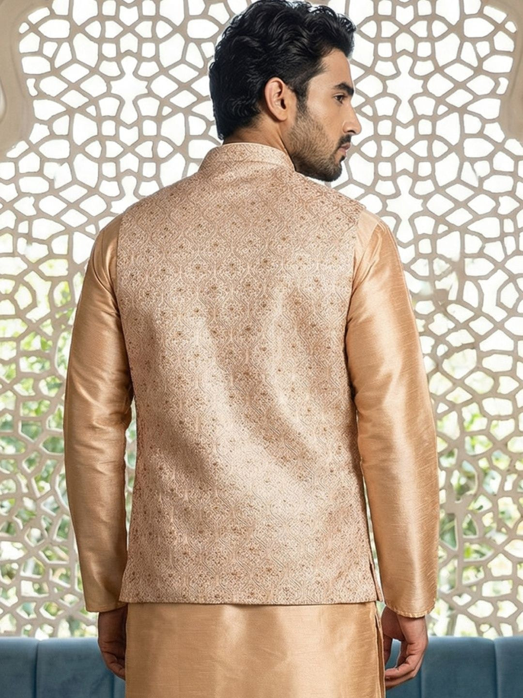 Regal Champagne Gold Embroidered Nehru Jacket for Men