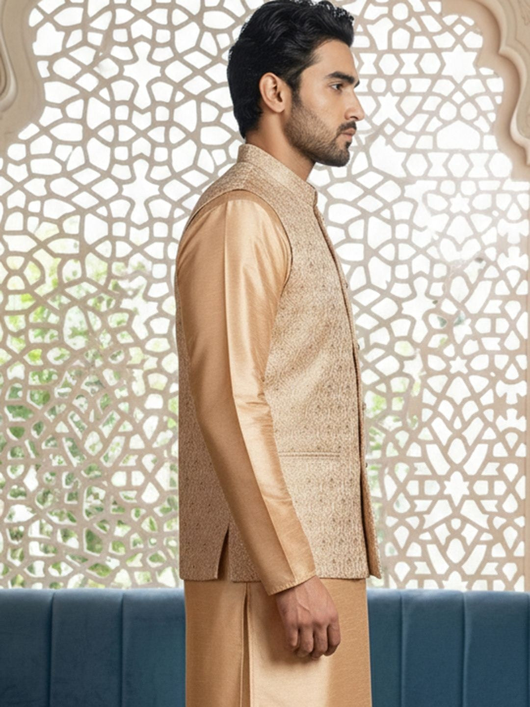 Regal Champagne Gold Embroidered Nehru Jacket for Men