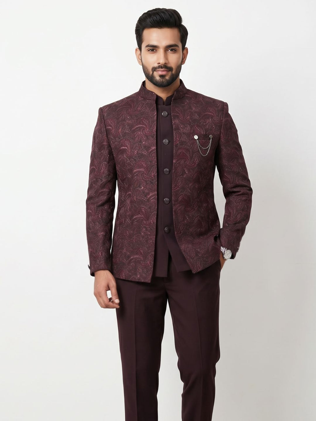 Regal Burgundy Jacquard Bandhgala Suit Set
