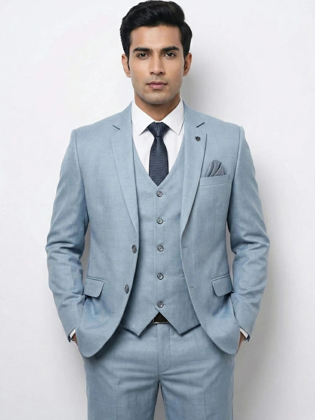 Men's Ice Blue Windowpane Check 3-Piece Suit