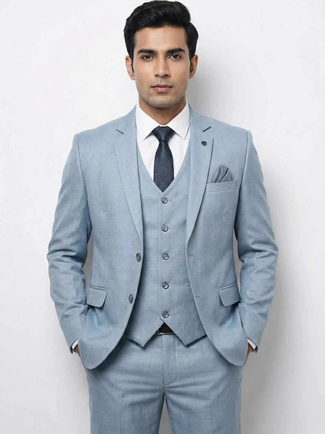 Men's Ice Blue Windowpane Check 3-Piece Suit