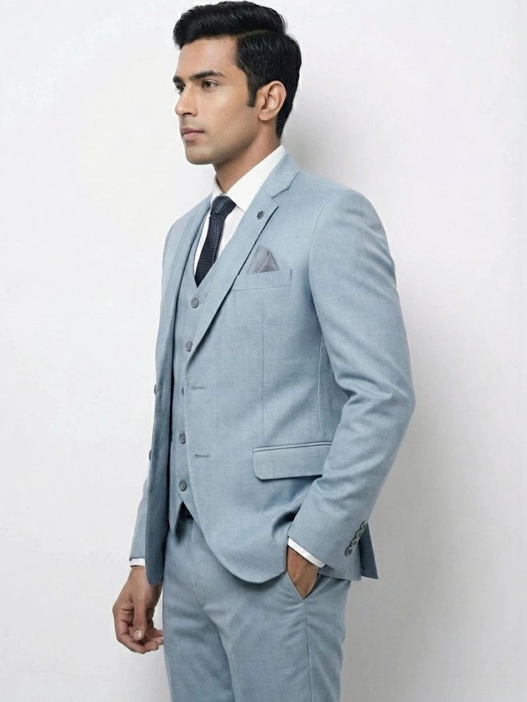 Men's Ice Blue Windowpane Check 3-Piece Suit