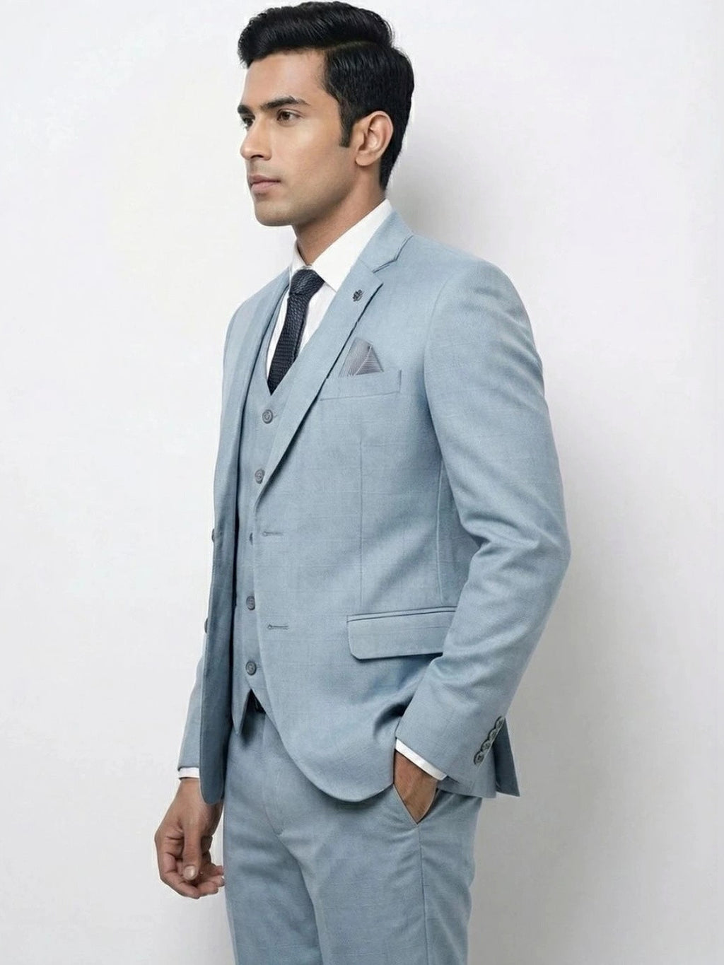 Men's Ice Blue Windowpane Check 3-Piece Suit