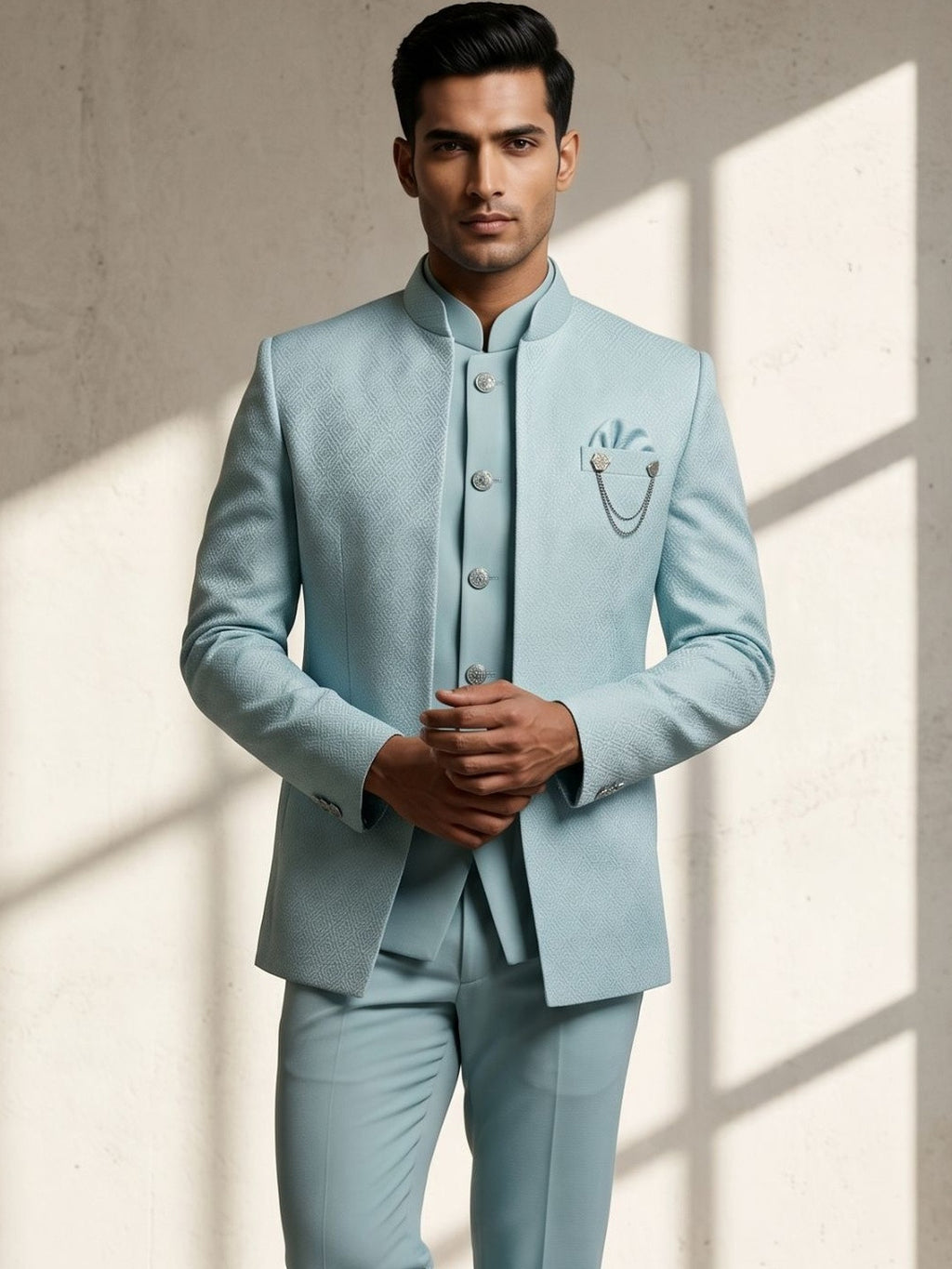 Premium Ice Blue Textured Jodhpuri Suit