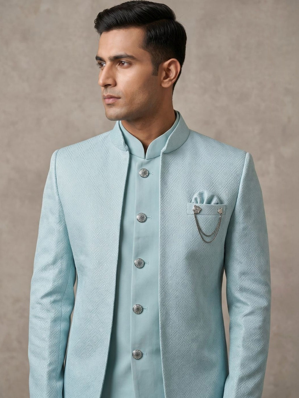 Premium Ice Blue Textured Jodhpuri Suit