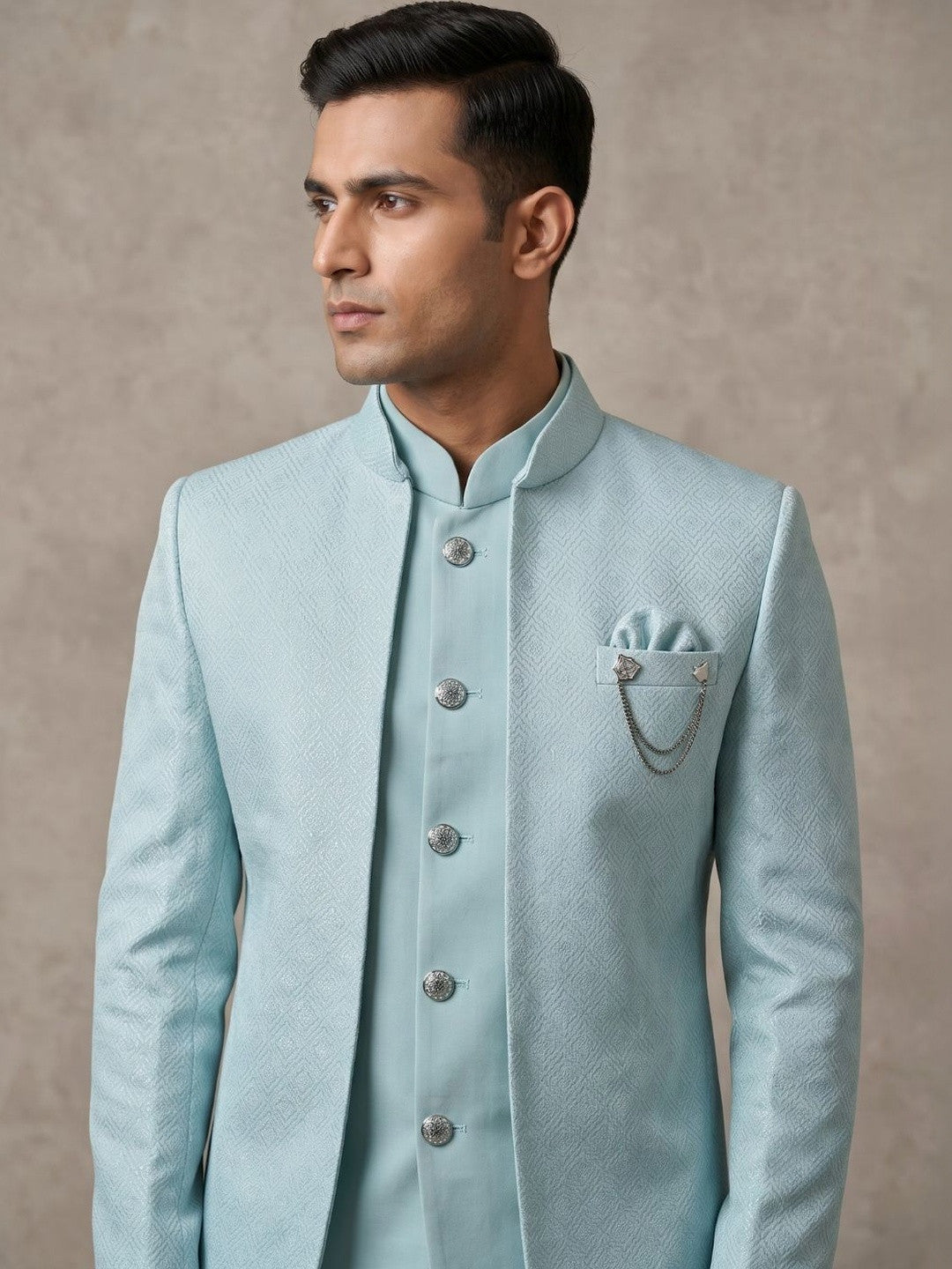 Premium Ice Blue Textured Jodhpuri Suit