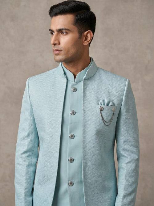 Premium Ice Blue Textured Jodhpuri Suit