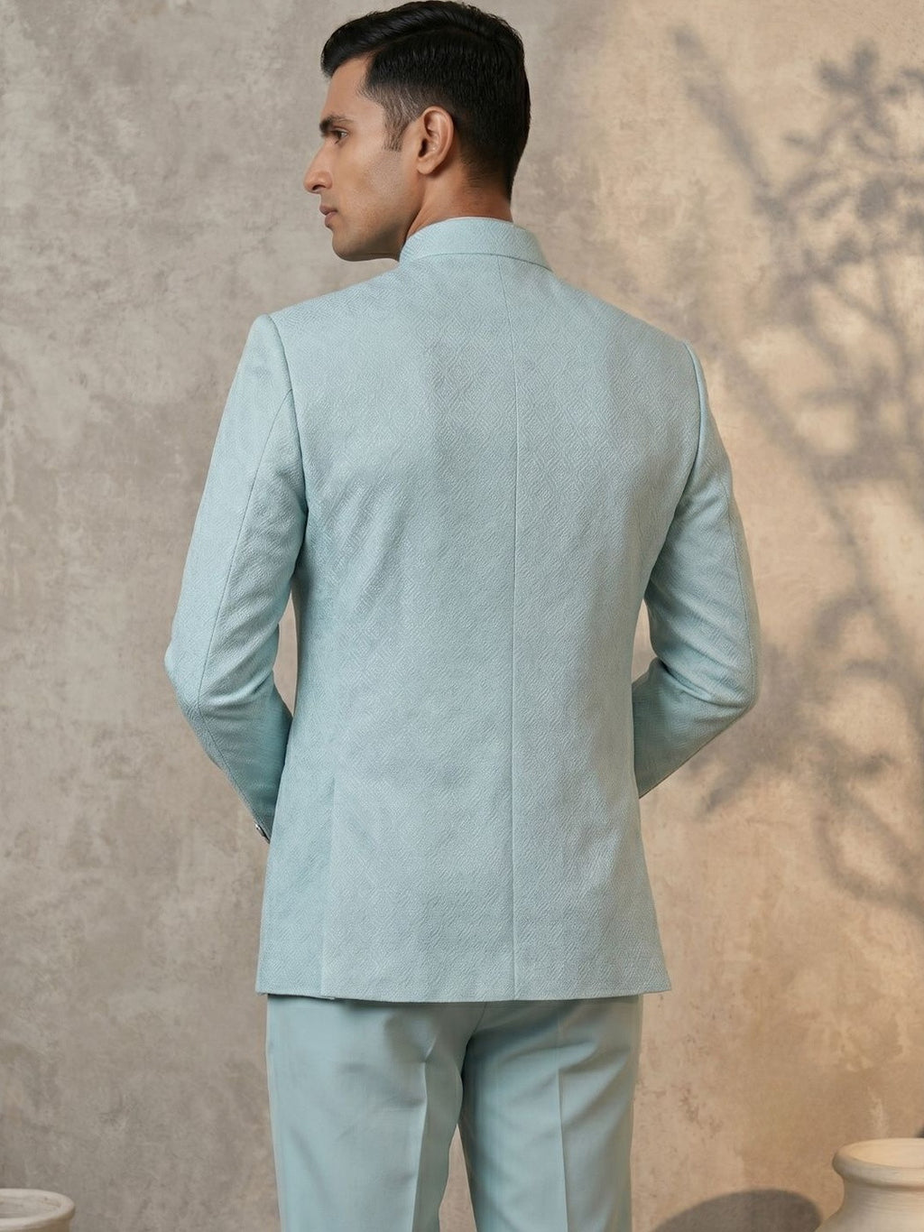 Premium Ice Blue Textured Jodhpuri Suit