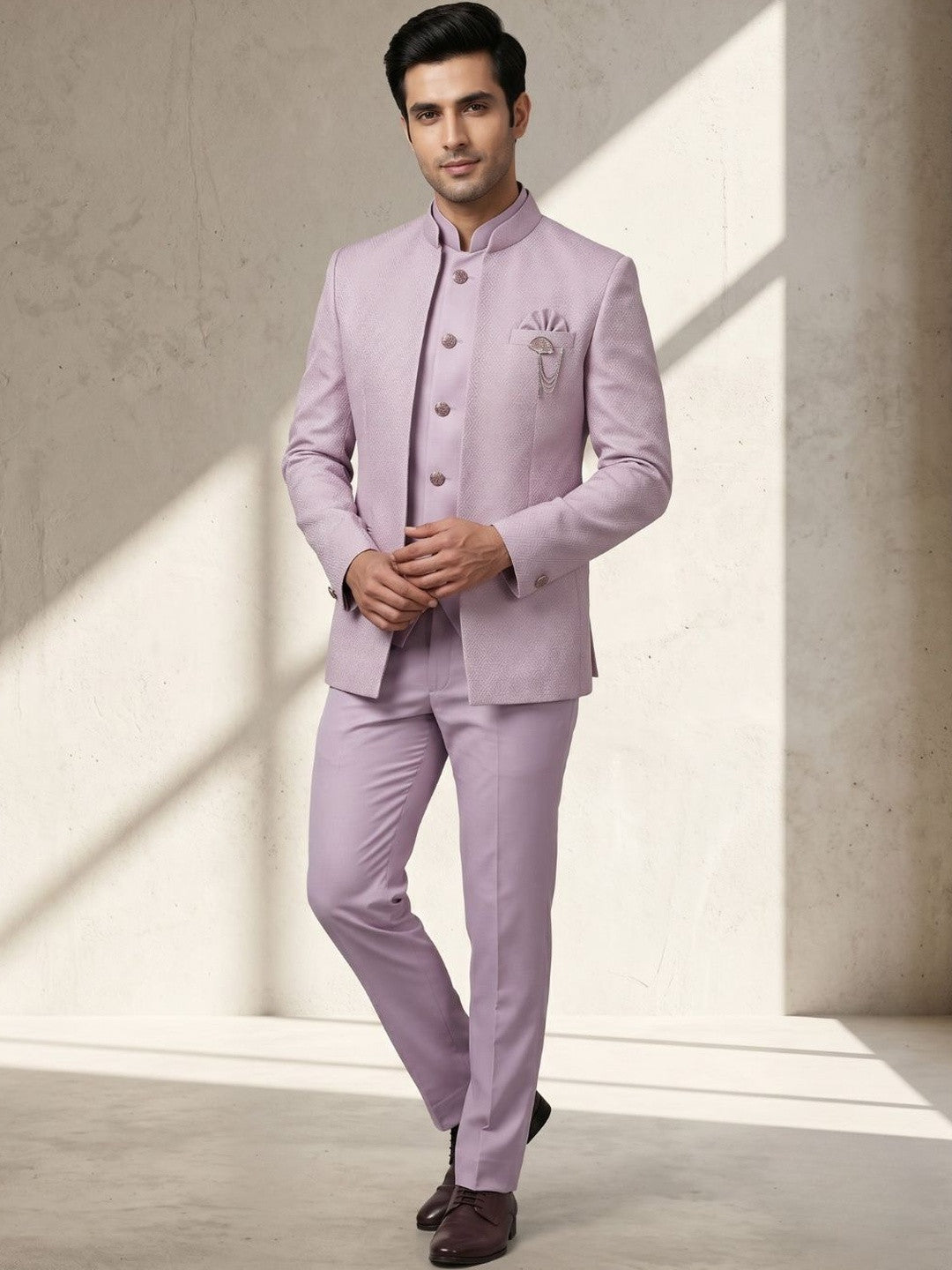 Regal Lavender Textured Bandhgala Three-Piece Suit