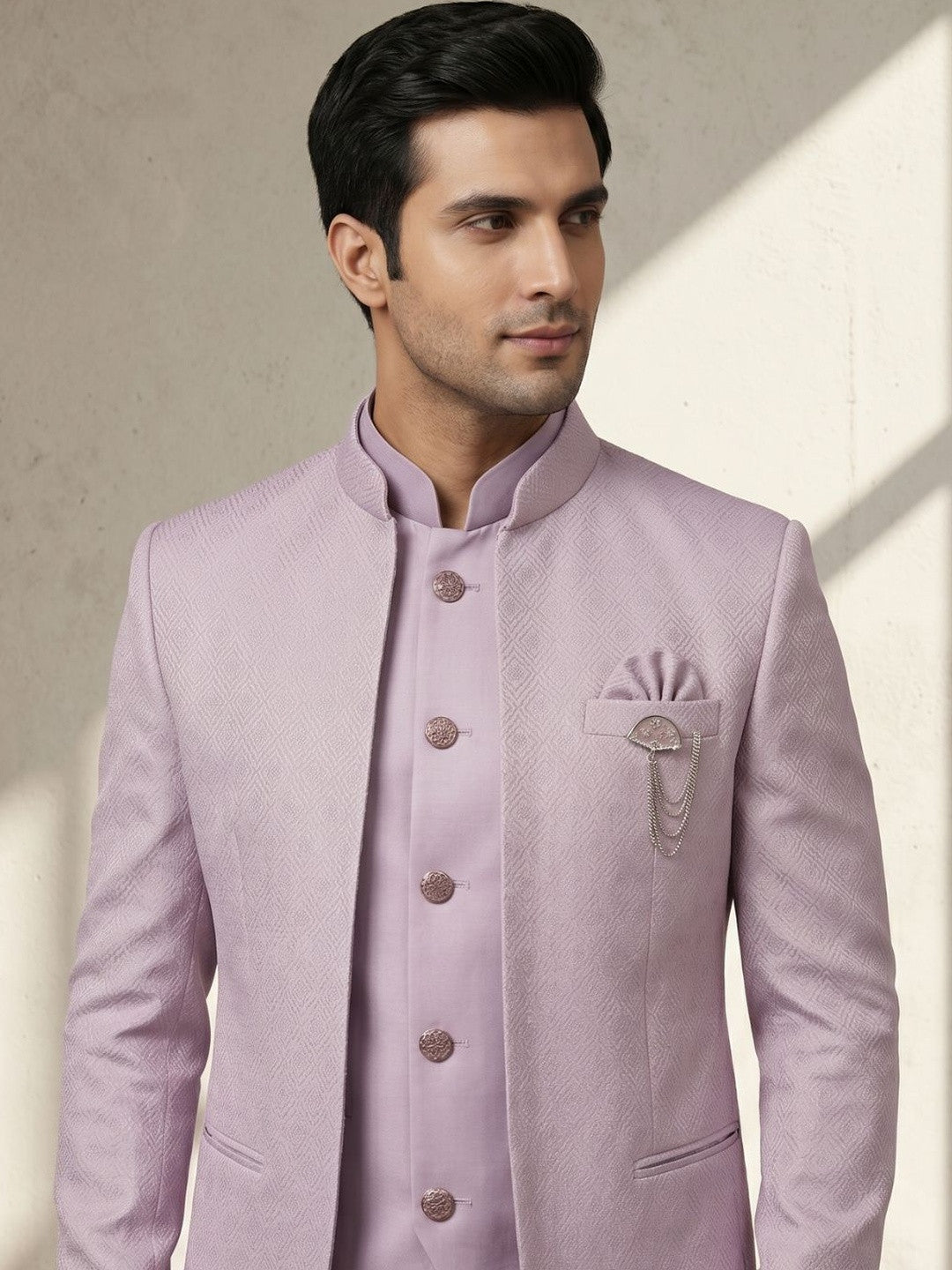 Regal Lavender Textured Bandhgala Three-Piece Suit