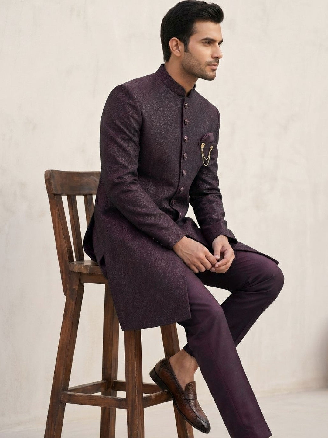 Midnight Plum Textured Indo-Western Sherwani Set with Gold Chain Brooch