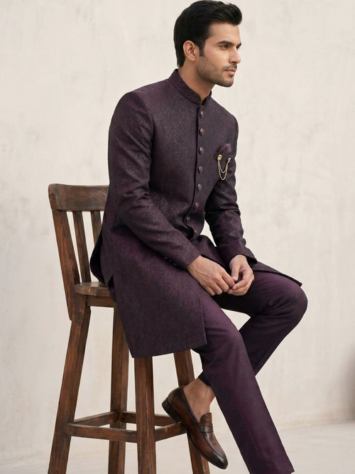Midnight Plum Textured Indo-Western Sherwani Set with Gold Chain Brooch