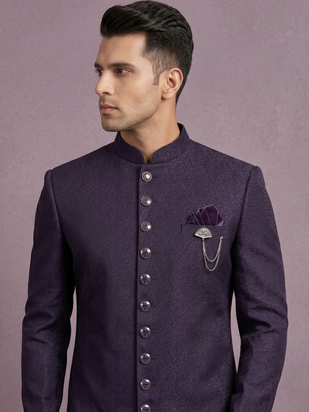 Midnight Plum Textured Indo-Western Sherwani Set with Gold Chain Brooch