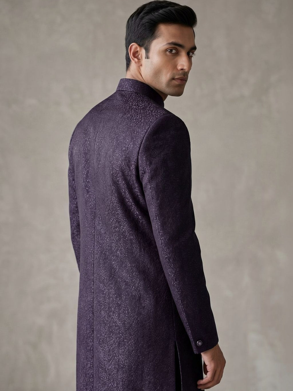 Midnight Plum Textured Indo-Western Sherwani Set with Gold Chain Brooch